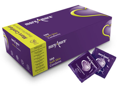 MoreAmore Soft Skin 100 condooms met extra glijmiddel links